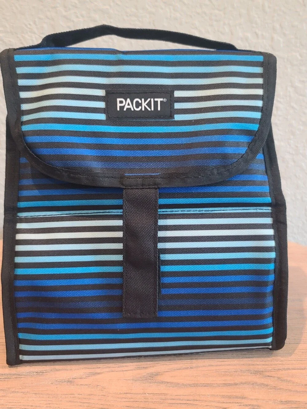 PackIt Freezable Blue Striped Lunch Bag Foldable Polycanvas Reusable Lunch Sack